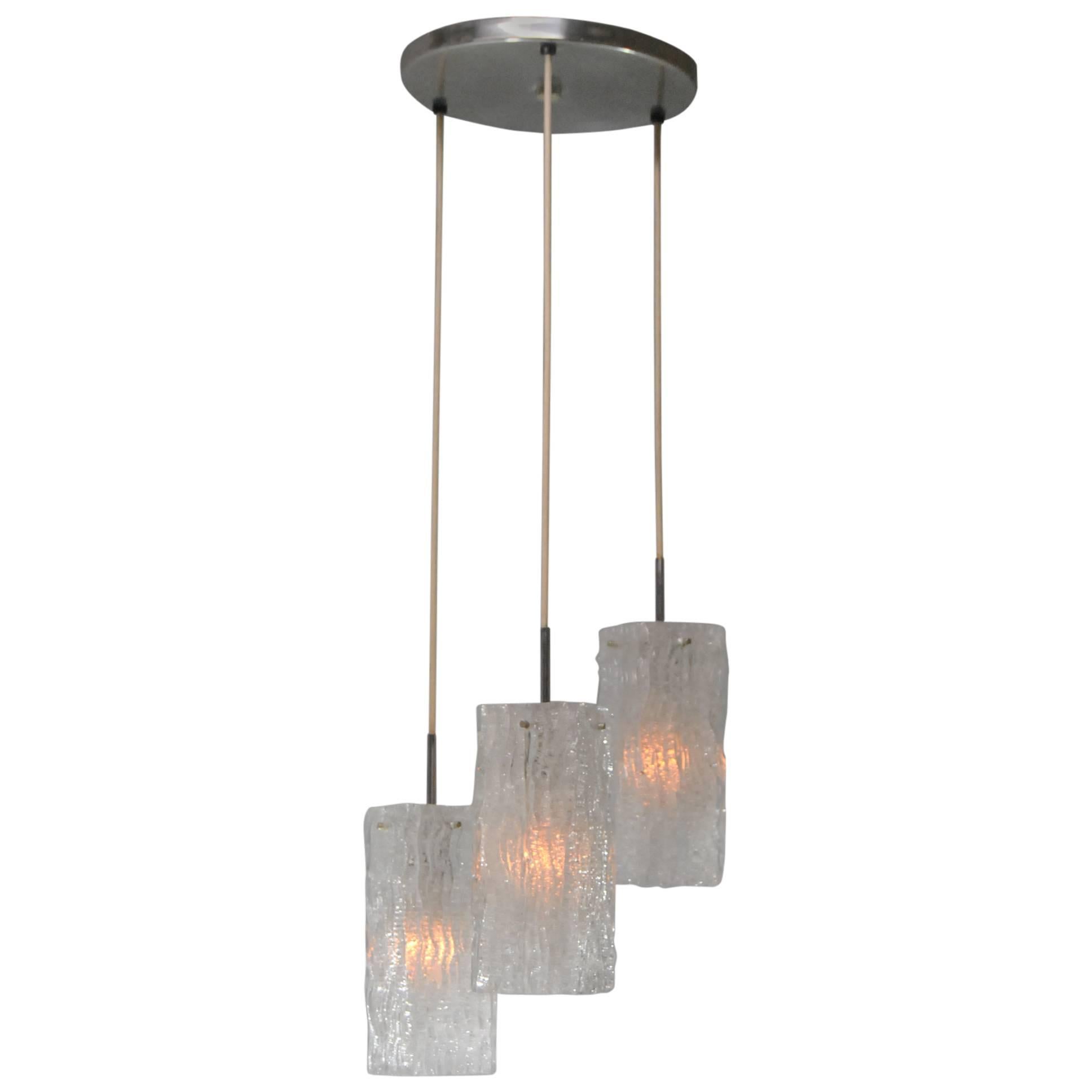 Mid-Century Three Ice Glass Shade Pendant Chandelier Attributed to Fagerlund For Sale
