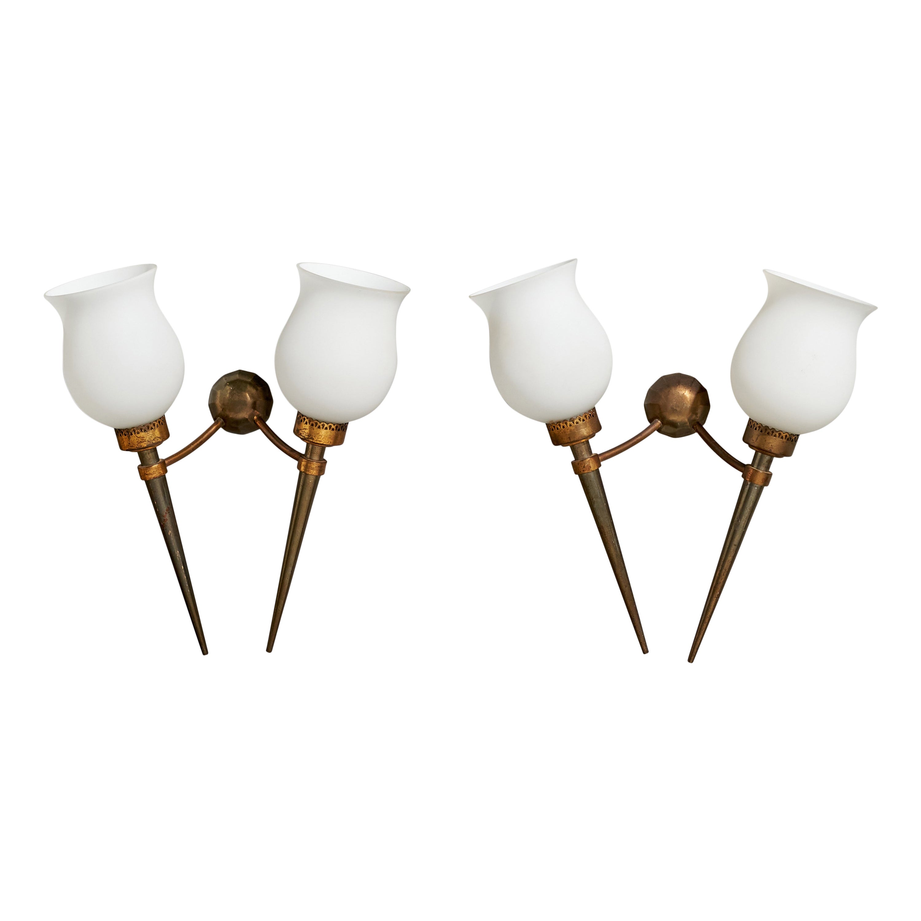 French Designer, Wall Lights, Brass, Metal, Glass, France, 1940s For Sale