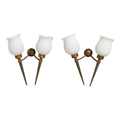 Französischer Designer, Wandleuchten, Messing, Metall, Glas, Frankreich, 1940er Jahre