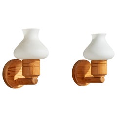 Swedish Designer, Wall Lights, Pine, Glass, Sweden, 1970s