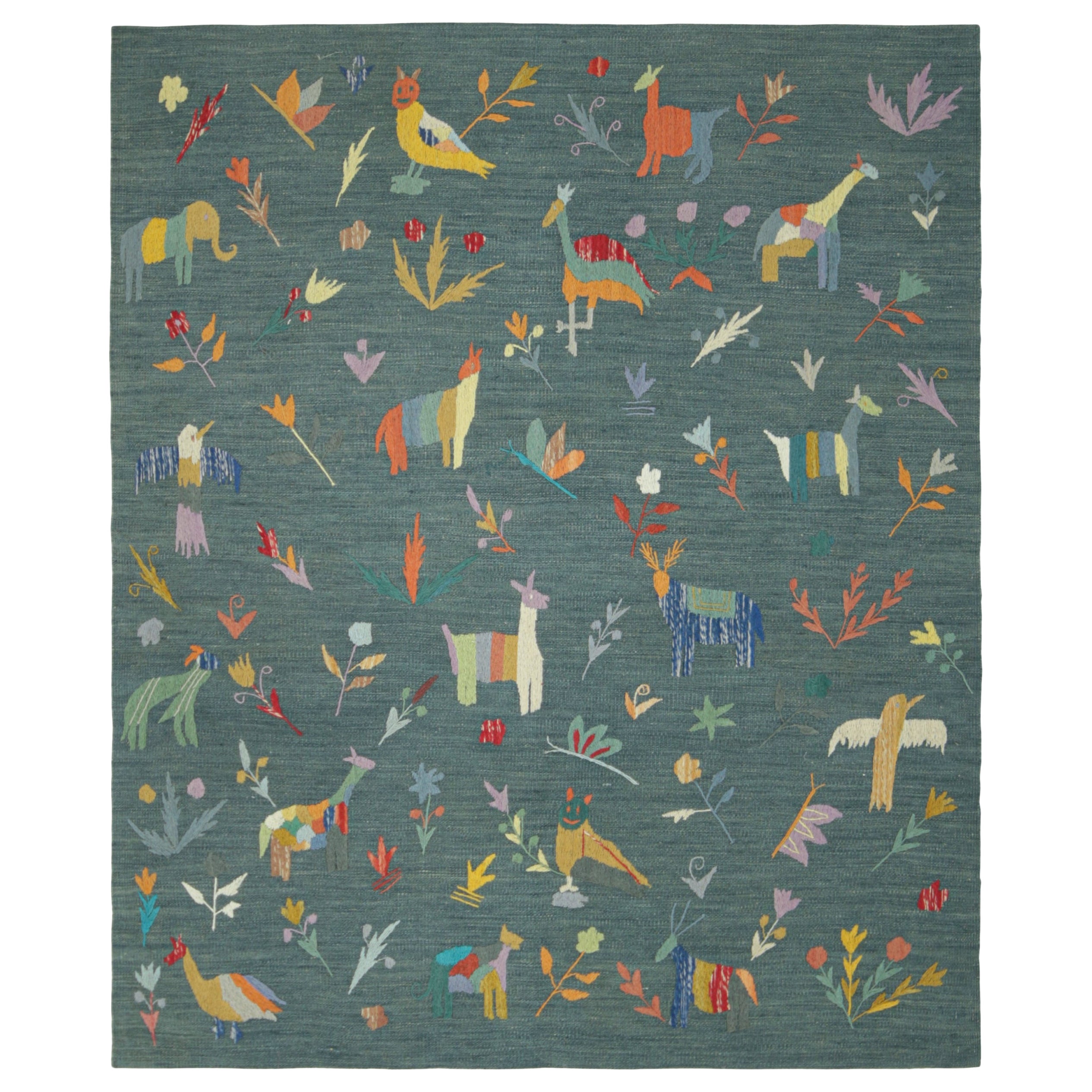 Rug & Kilim’s Suzani Style Kilim in Teal with Animal Pictorials and Florals For Sale
