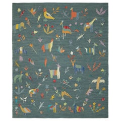 Rug & Kilim's Suzani Style Kilim in Teal mit Tierbildern und Blumenmotiven