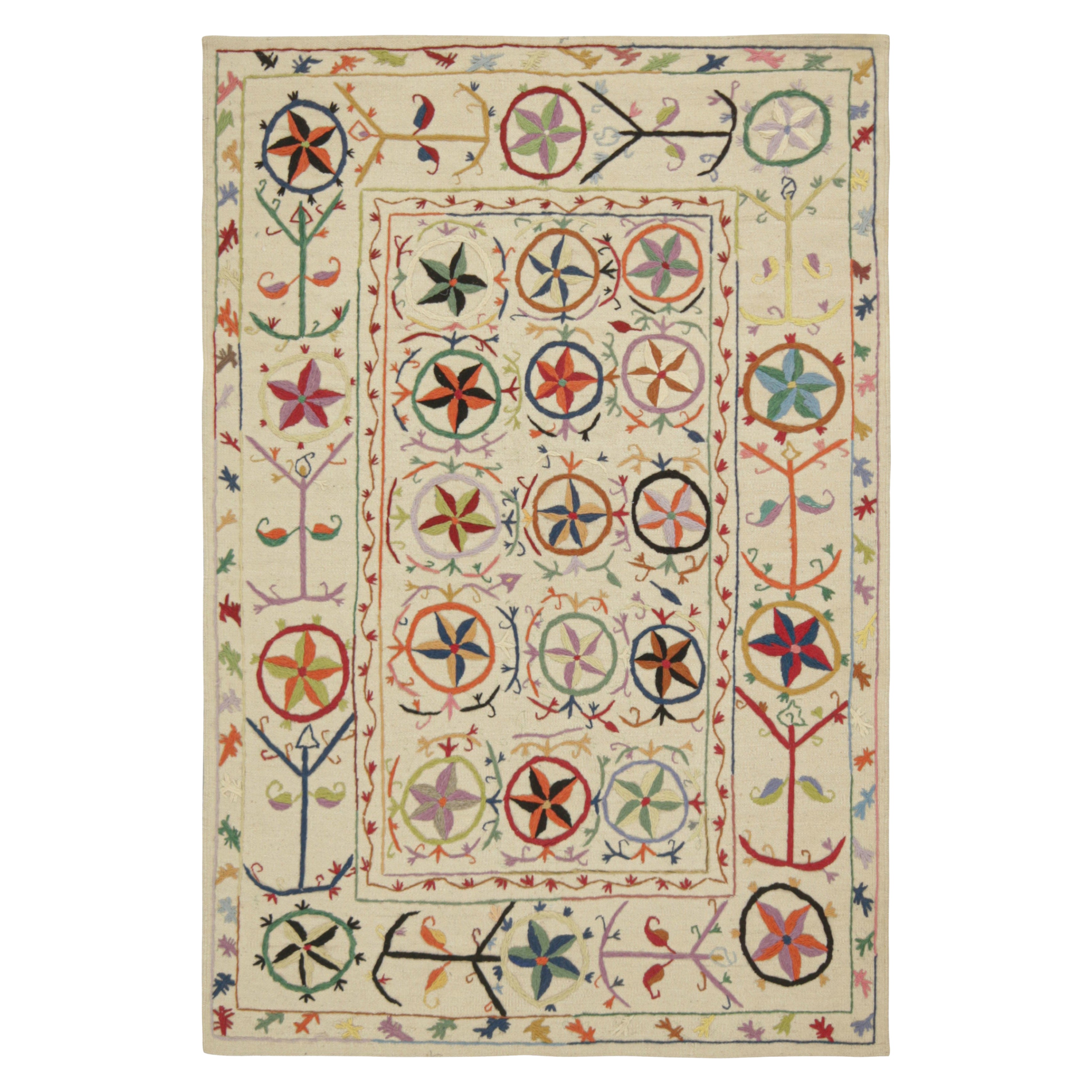Rug & Kilim’s Suzani Style Kilim in Cream with Polychromatic Floral Patterns