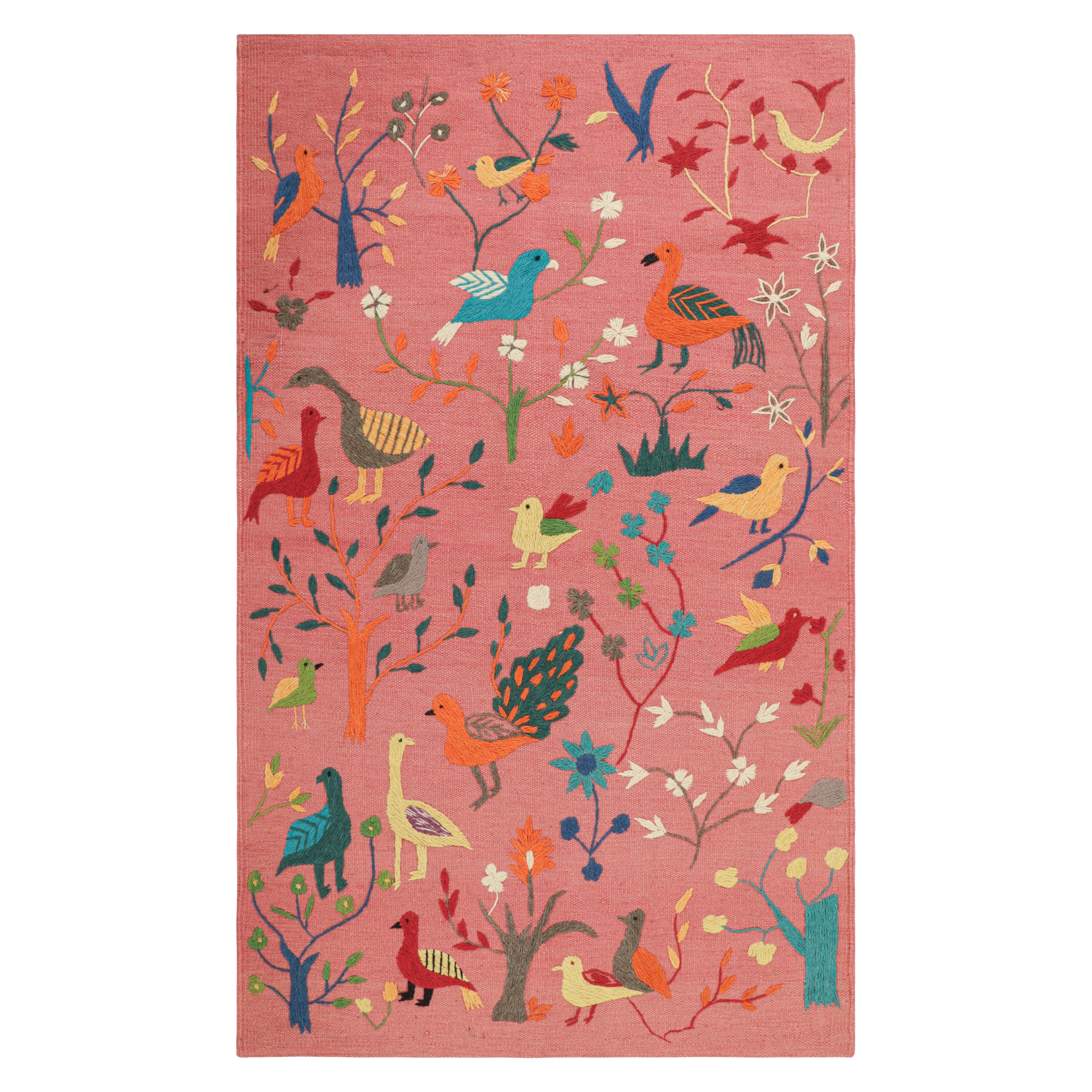 Rug & Kilim’s Suzani Style Kilim in Pink with Bird Pictorials and Florals