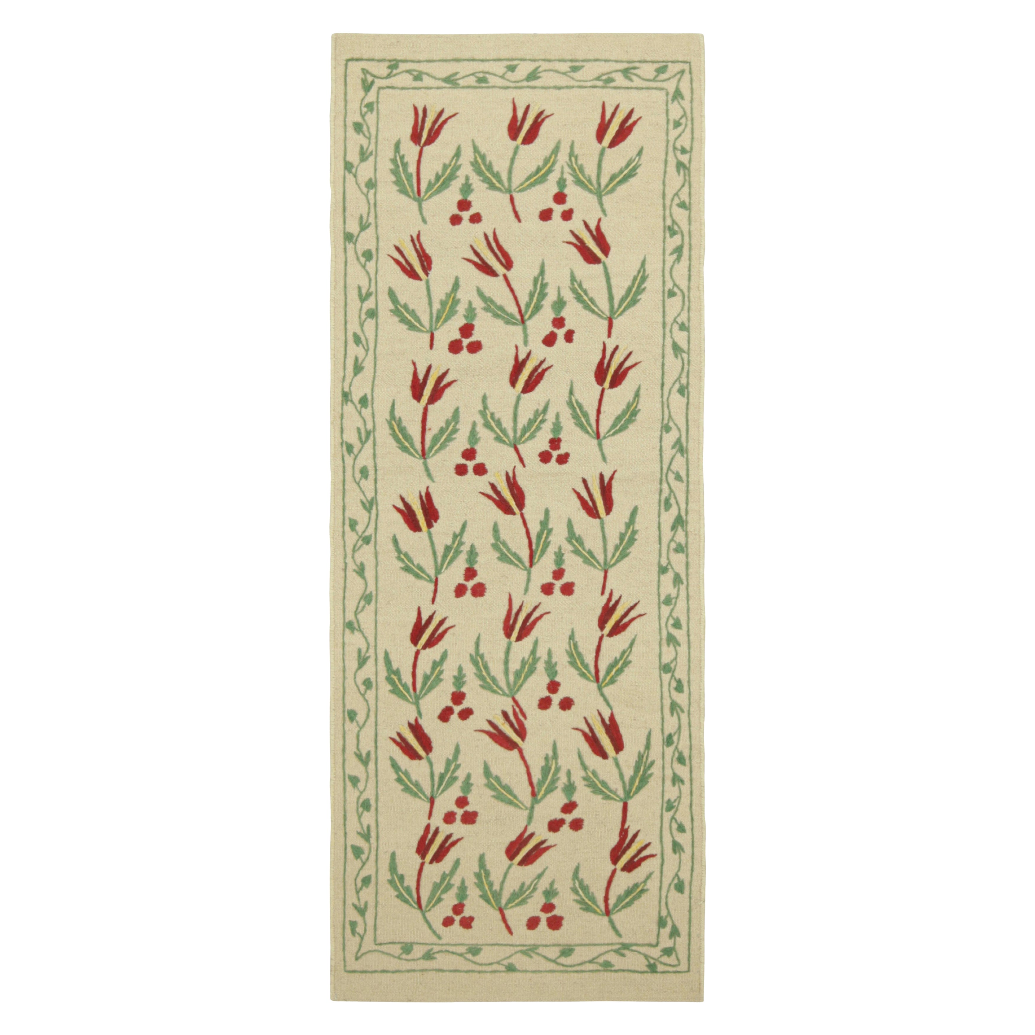 Rug & Kilim’s Suzani Style Kilim Runner Rug in Cream with Floral Patterns