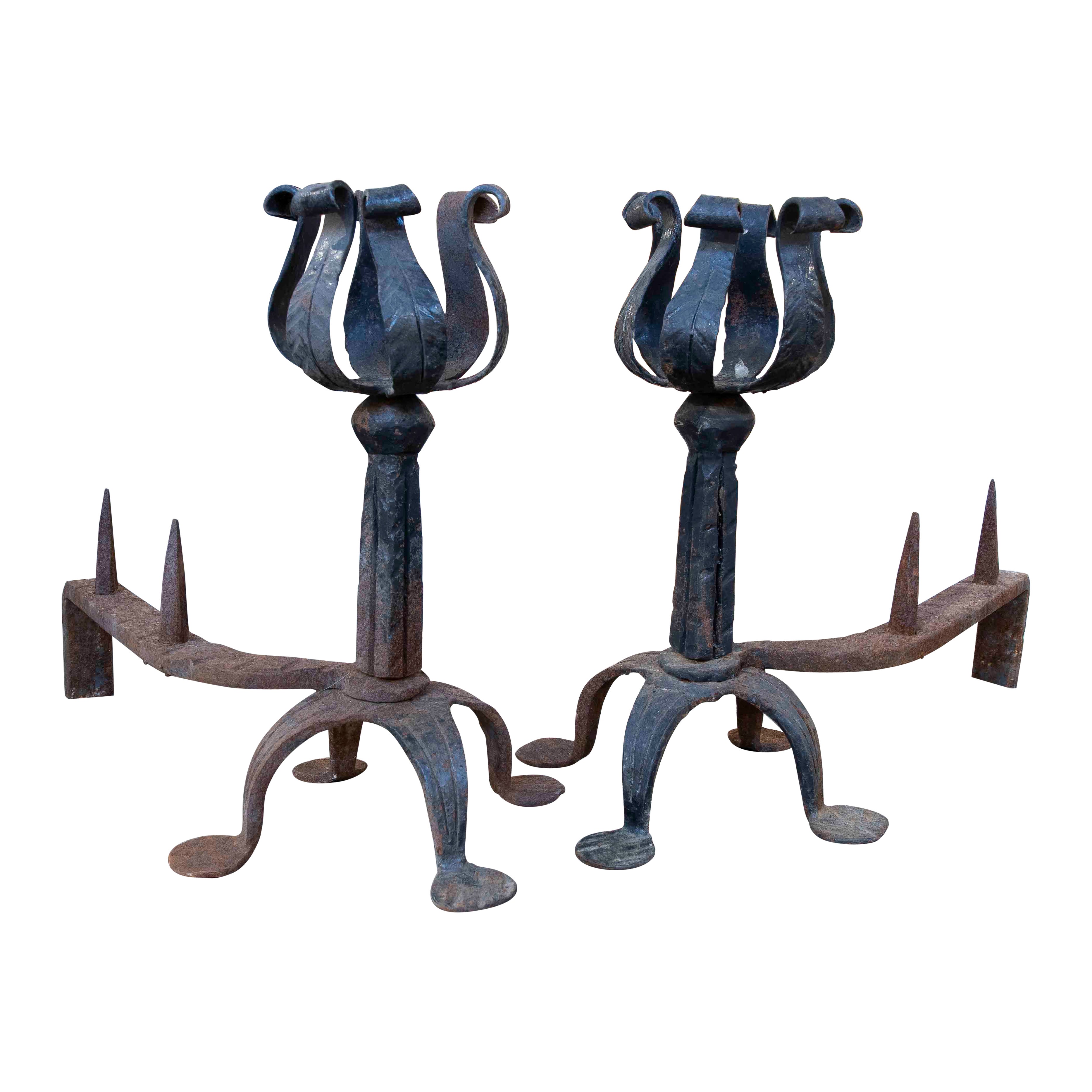 Paire de Morillos en fer forgé des années 1980 avec Design of Design Rustic pour cheminée