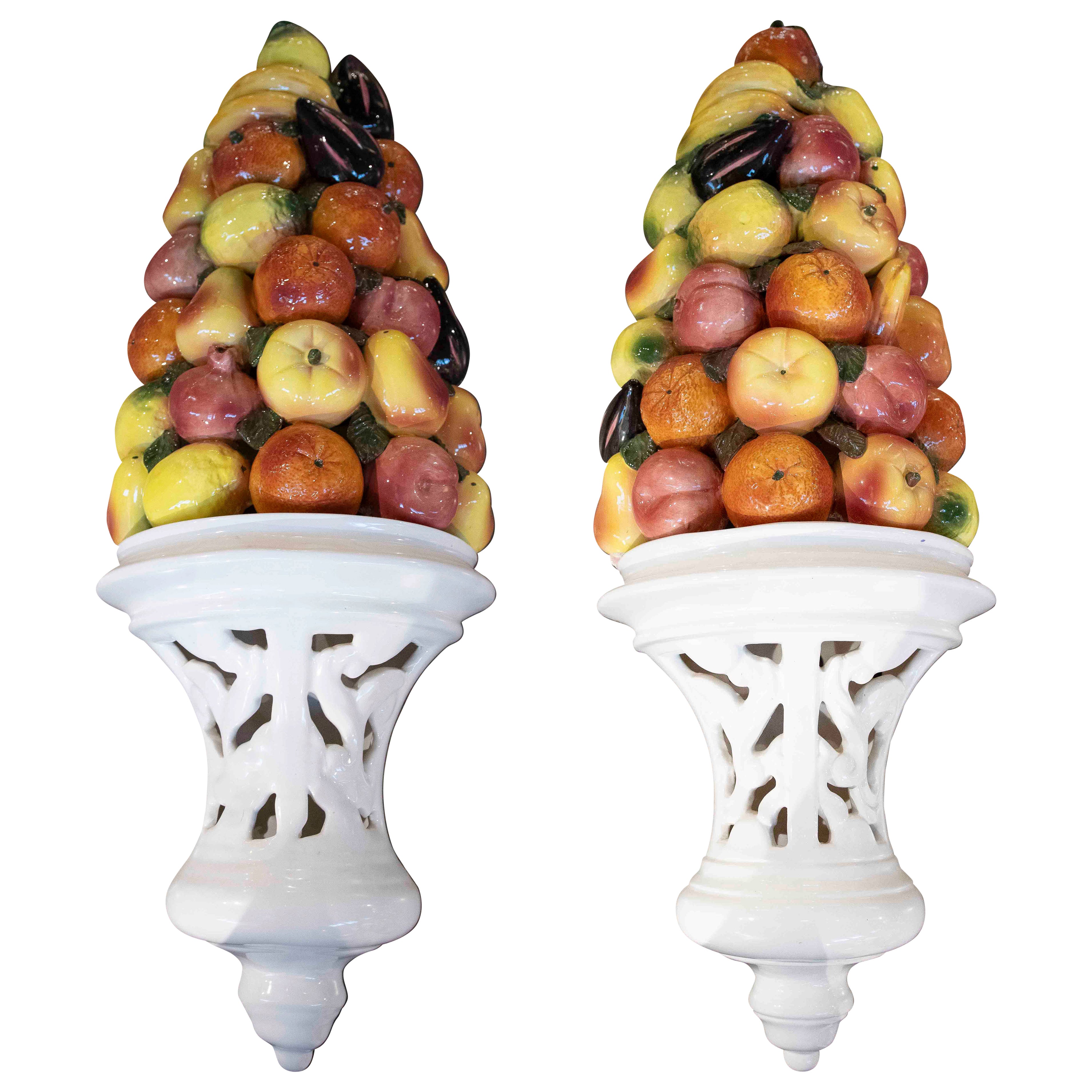 1970s Pair of Ceramic Wall Sconces with Hand Painted Glazed Fruits