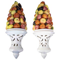 1970s Pair of Ceramic Wall Sconces with Hand Painted Glazed Fruits