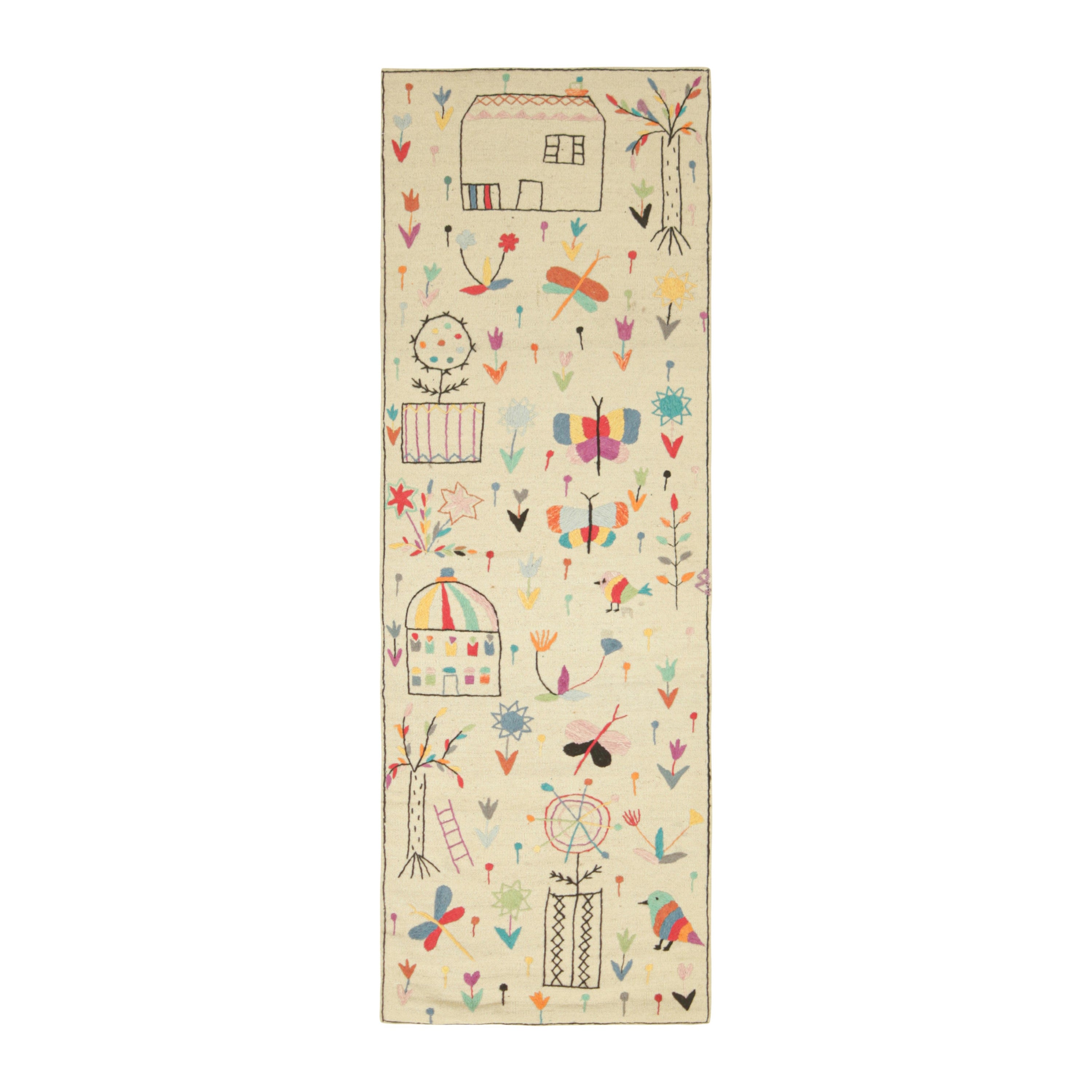 Rug & Kilim’s Suzani Style Kilim Runner Rug with Polychromatic Pictorials For Sale