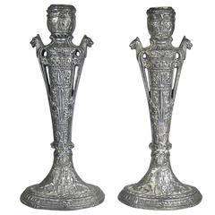 Egyptian Revival Vintage Candlestick Pair in Silvered Metal