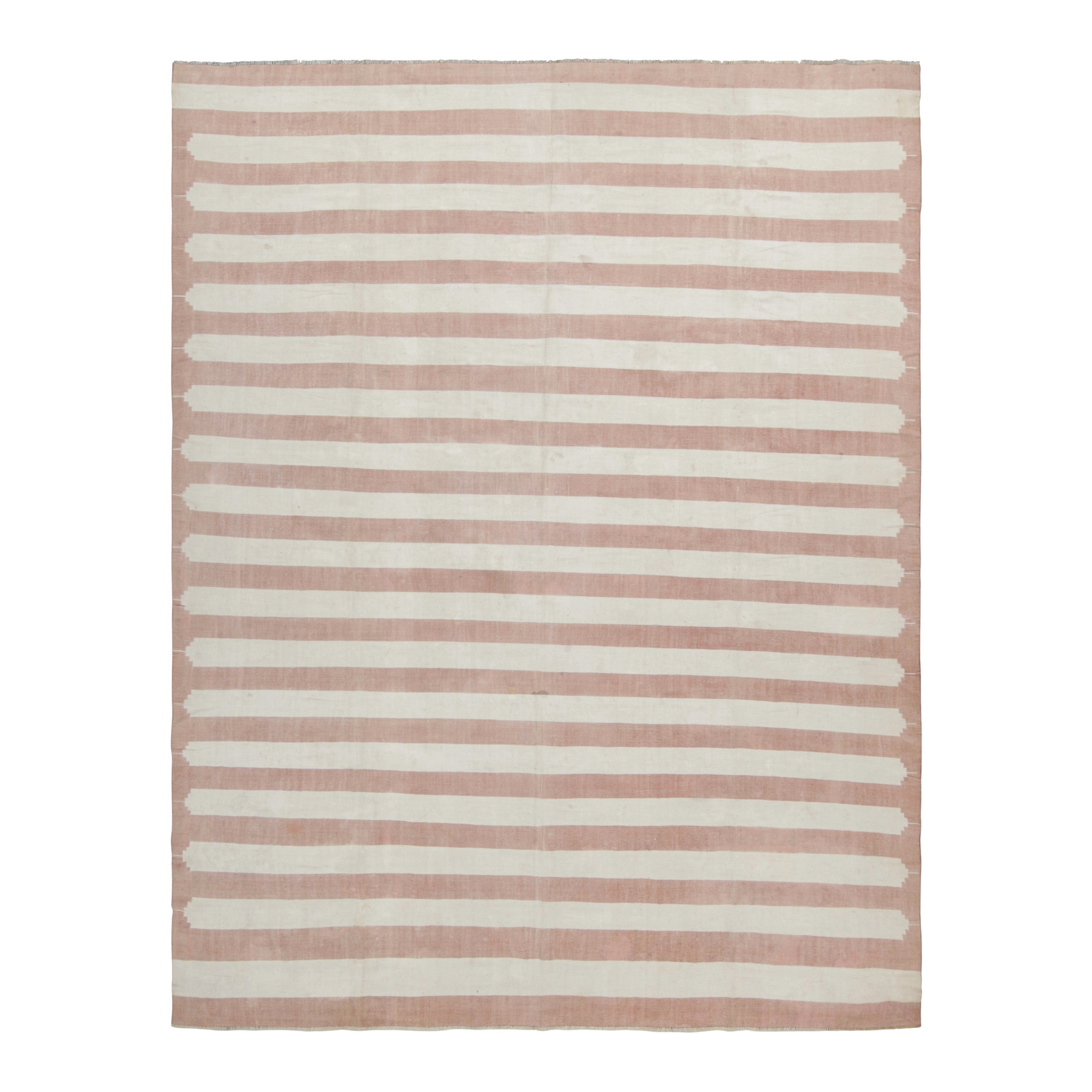 Rug & Kilim’s Contemporary Dhurrie Rug with Pink and Cream White Stripes