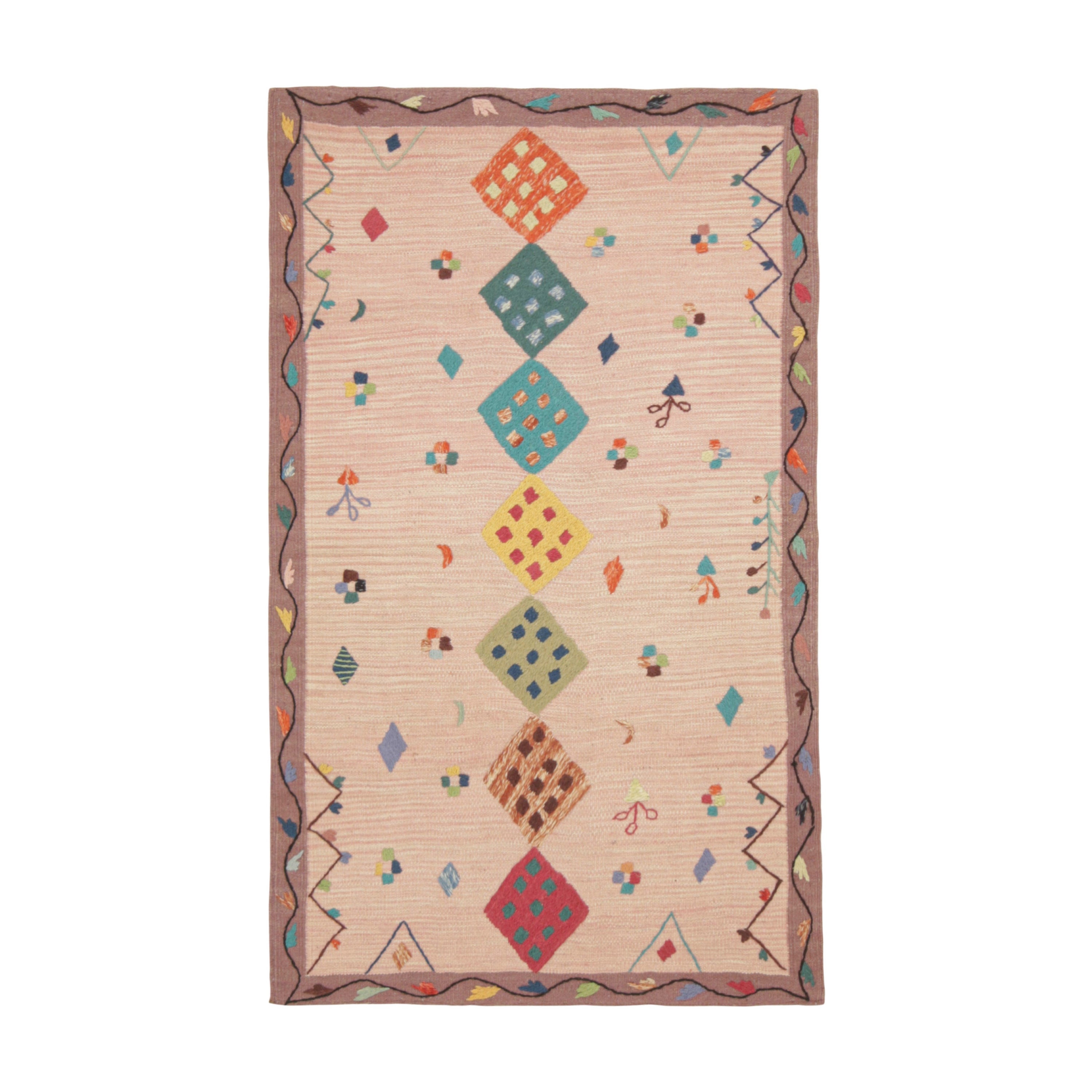 Rug & Kilim’s Suzani Style Kilim in Pink with Polychromatic Diamond Medallions