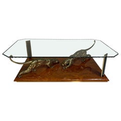 Mesa de centro italiana Nicola Voci de los años 70 con pareja de jaguares de bronce