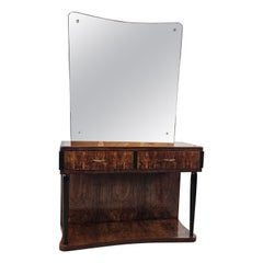 Art Deco Frisiertisch aus Bruyèreholz mit großem Spiegel und rosa Glas aus den 1930er Jahren