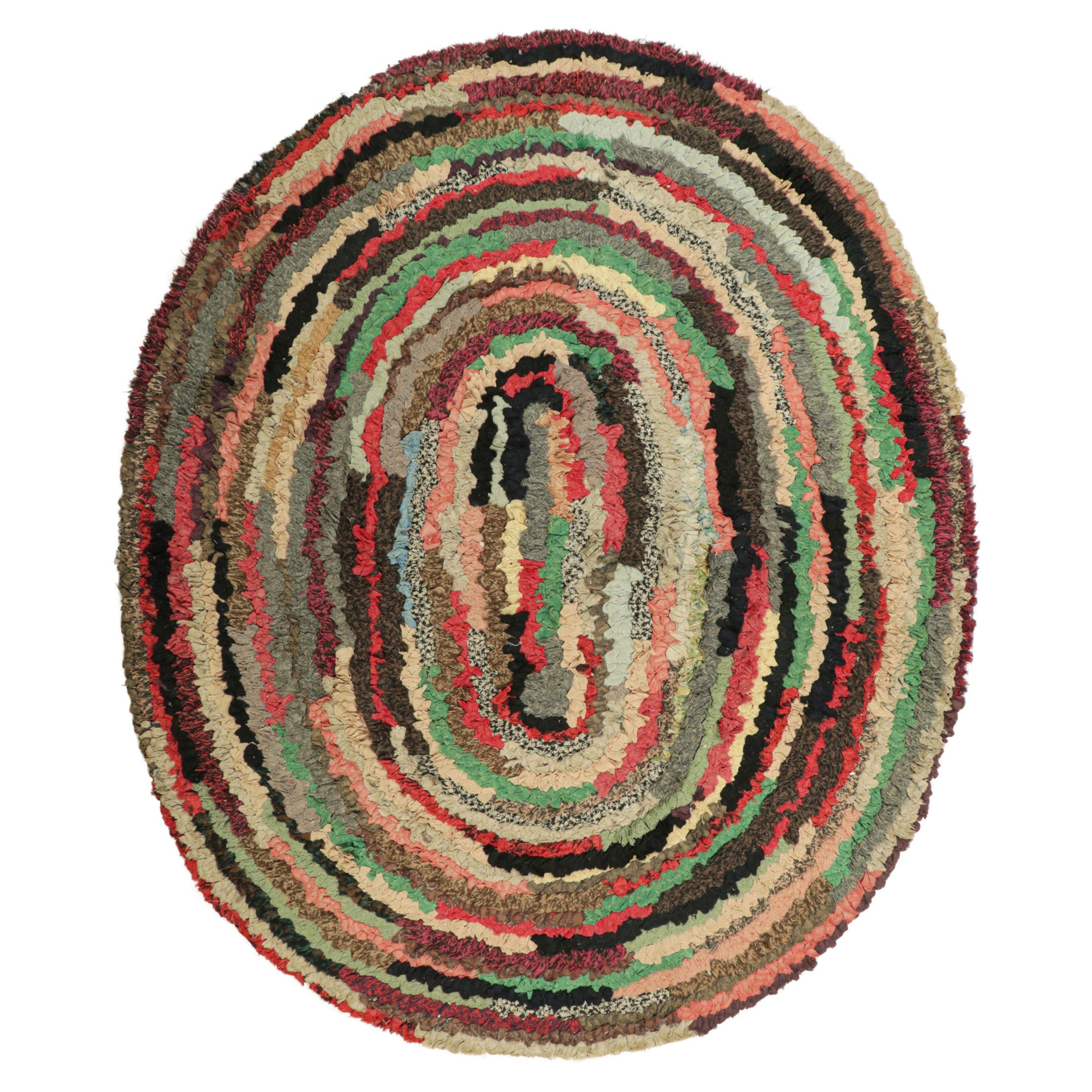 Antique Hooked Oval Rug with Polychromatic Geometric Patterns  Rug & Kilim For Sale