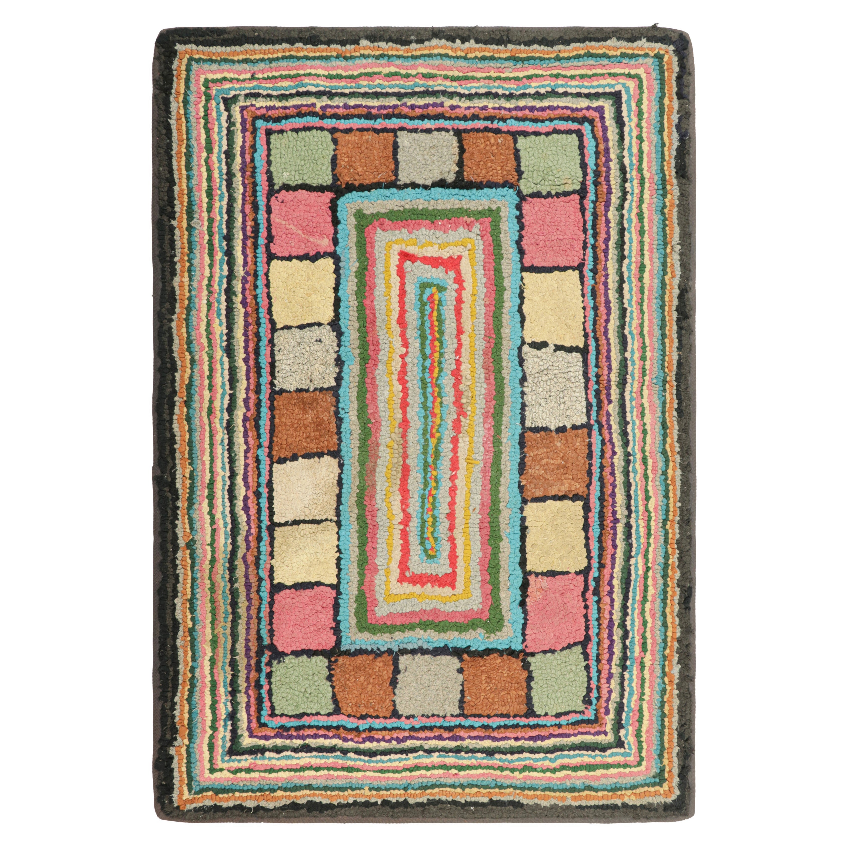 Antique Hooked Rug With Polychromatic Geometric Patterns  Rug & Kilim