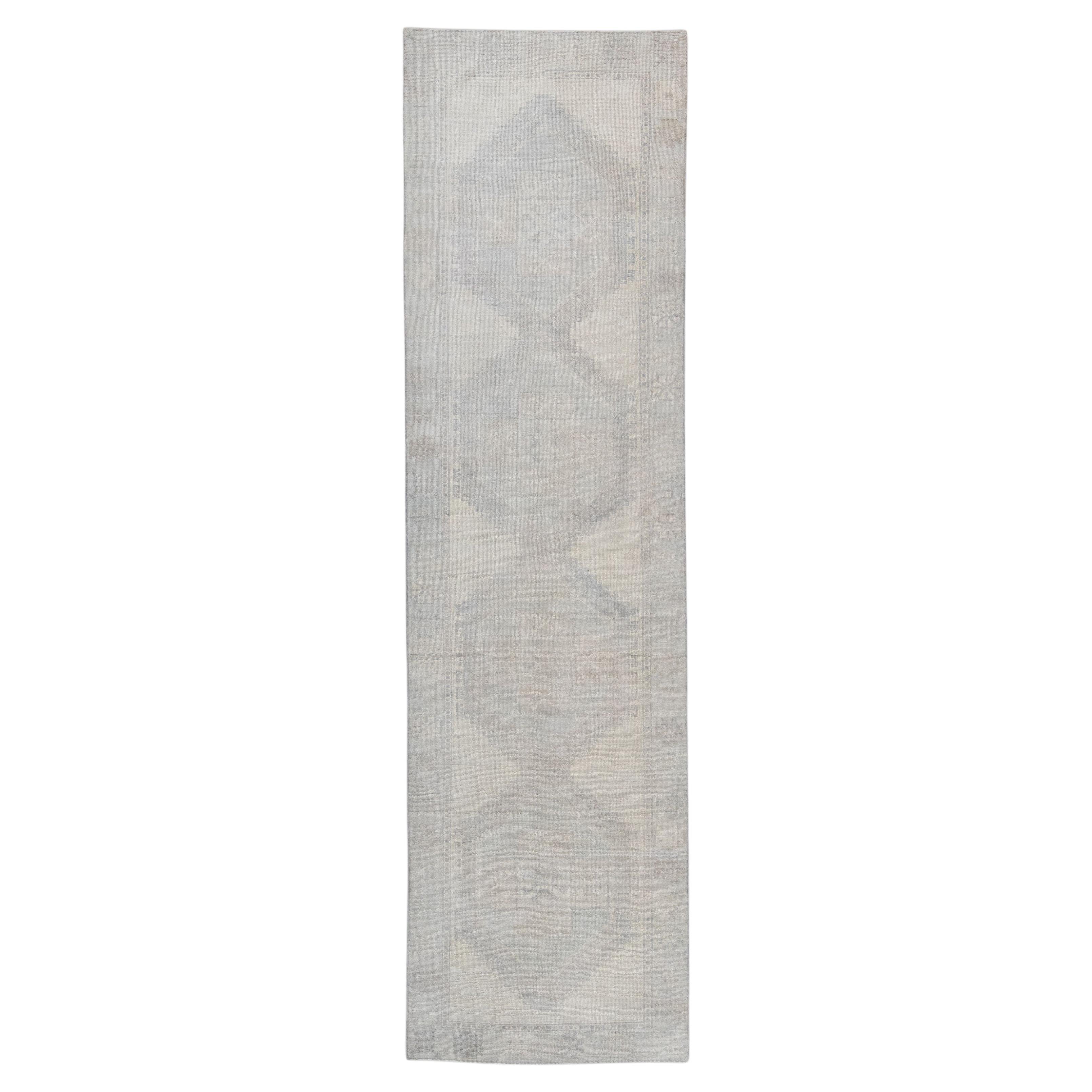 Türkischer Oushak Läufer Teppich Elfenbein & Beige Handgewebte Wolle 4' x 14'7"