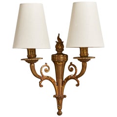 French Designer, Wall Light, Brass, Fabric, France, 1950s