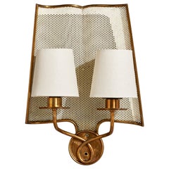 Italian Designer, Wall Light, Brass, Metal, Fabric, Italy, 1950s