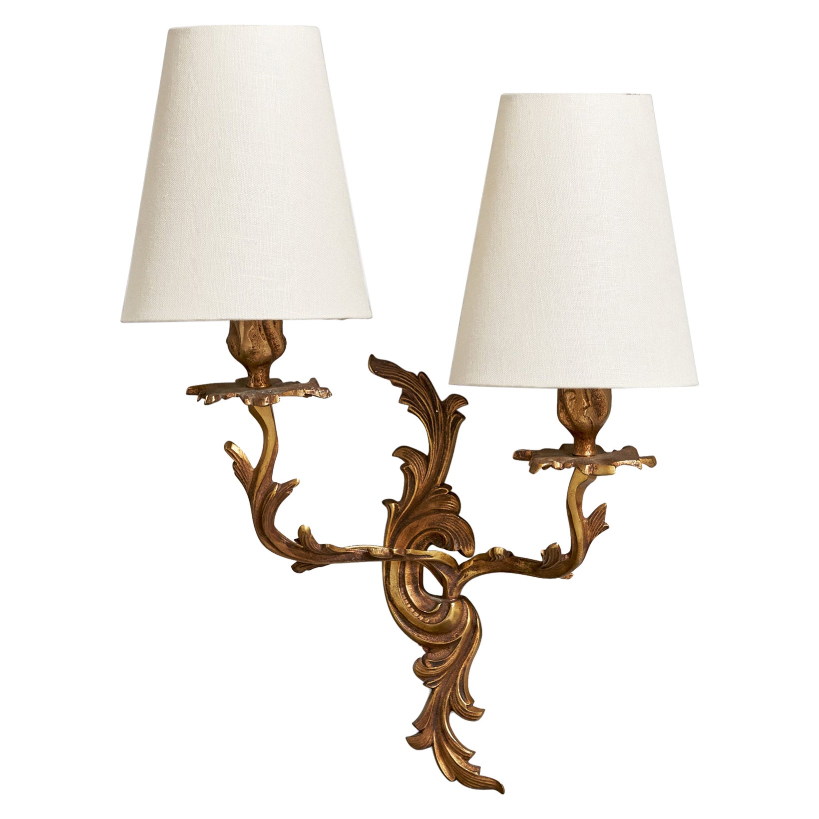 French Designer, Wall Light, Brass, Fabric, France, 1940s For Sale