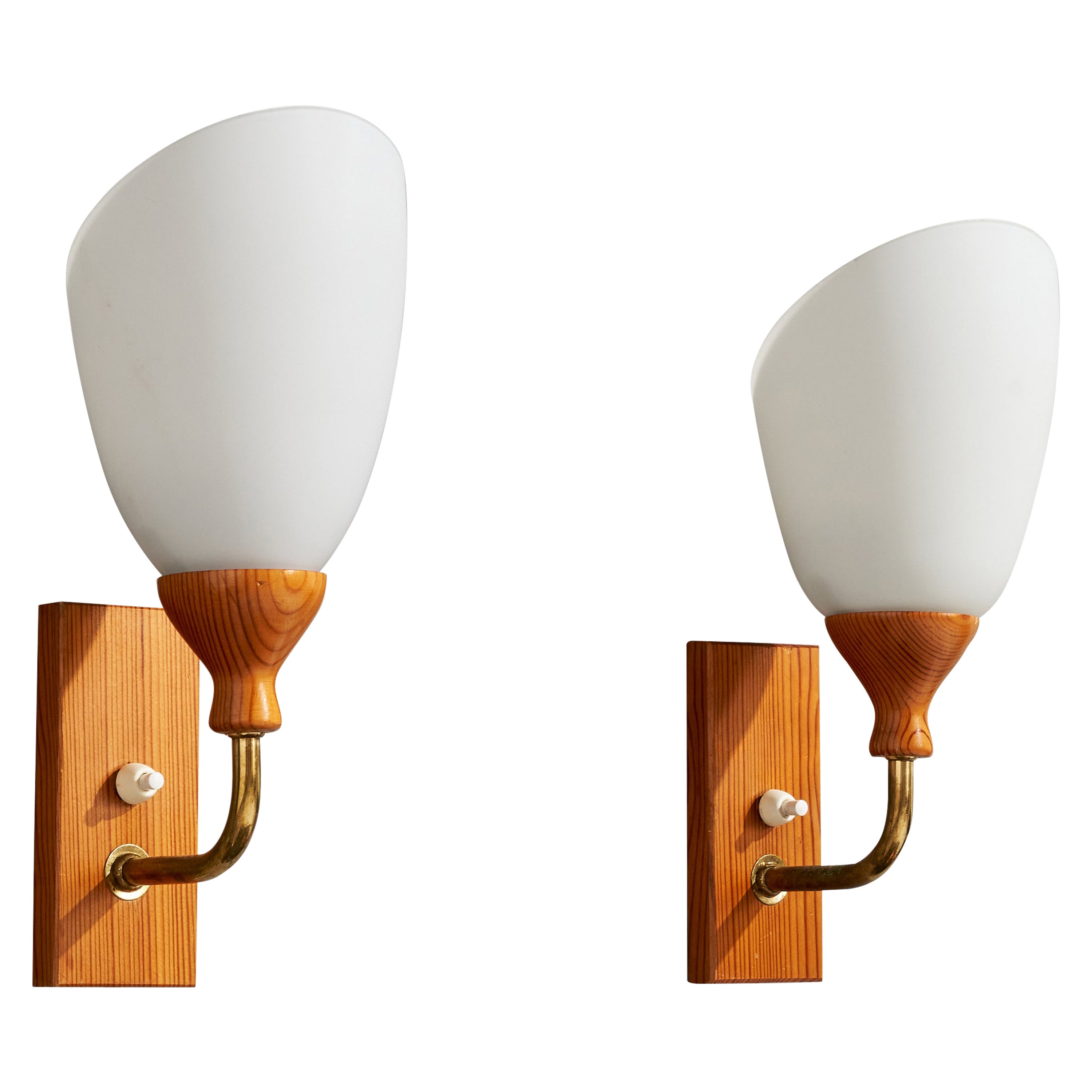 Swedish Designer, Wall Lights, Pine, Brass, Glass, Sweden, 1950s For Sale