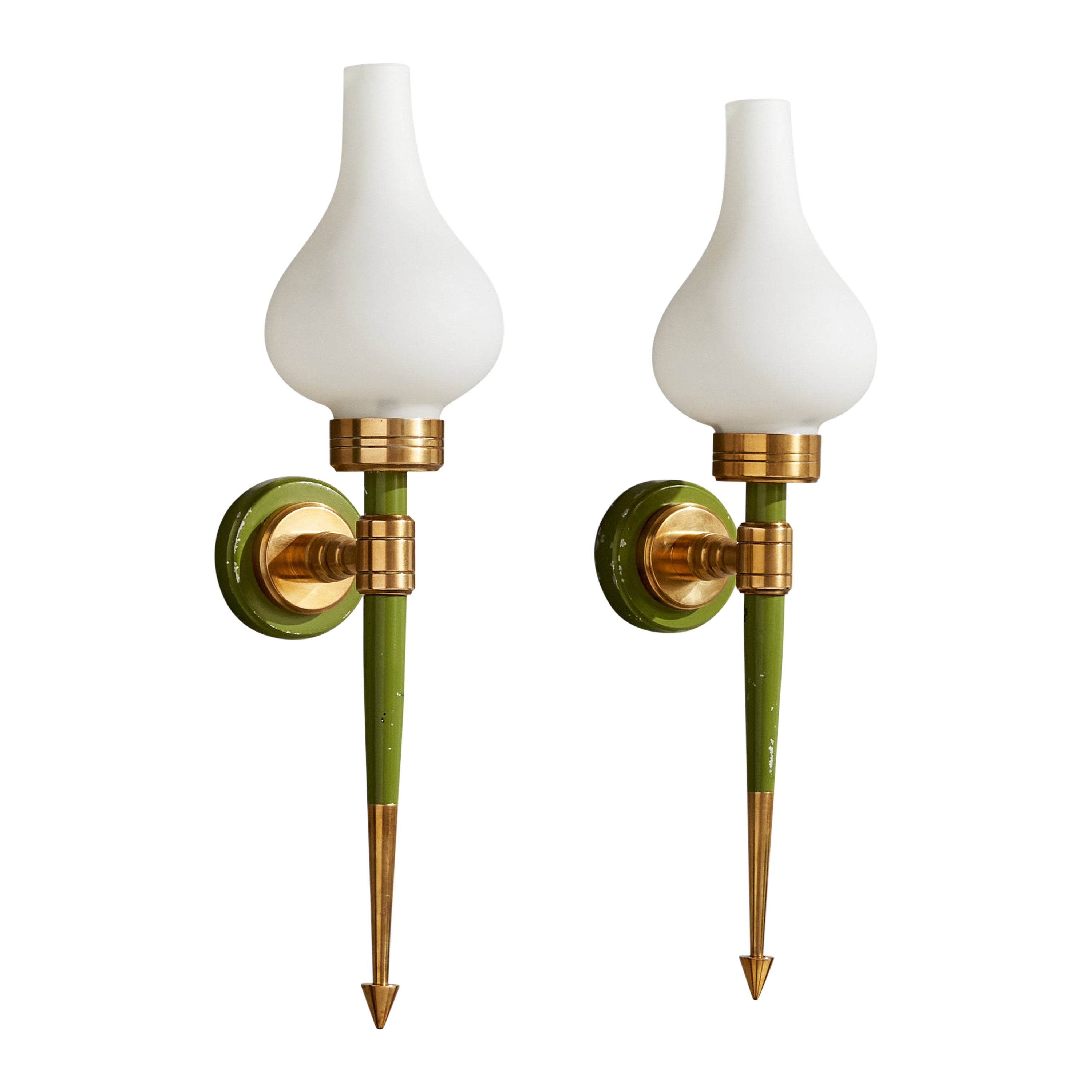 French Designer, Wall Lights, Brass, Metal, Glass, France, 1940s