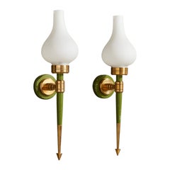 French Designer, Wall Lights, Brass, Metal, Glass, France, 1940s