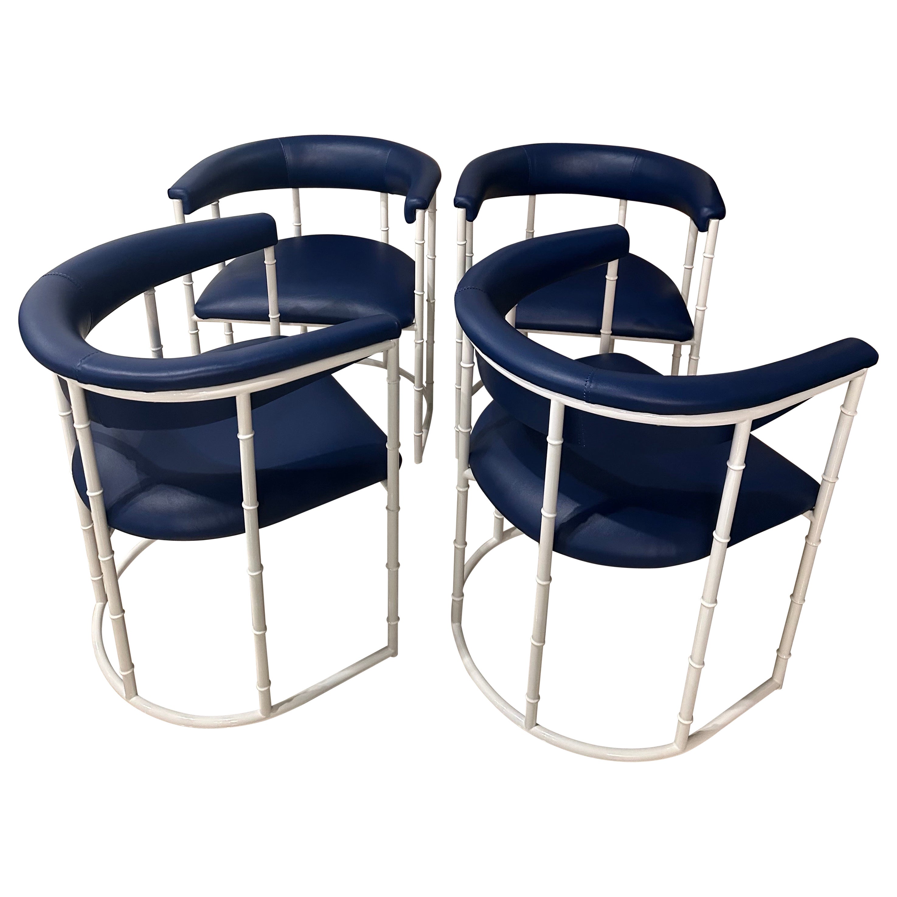 Vintage Set 4 Faux Bamboo Barrel Arm Dining Chairs Outdoor Patio Metal Restored