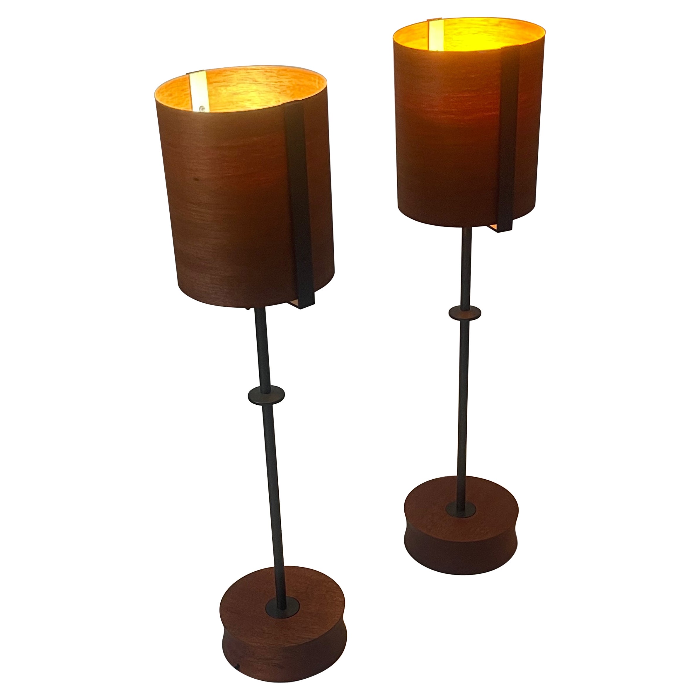 Pareja de Lámparas Buffet de Chapa de Madera de Caoba con Marco de Bronce Ennegrecido