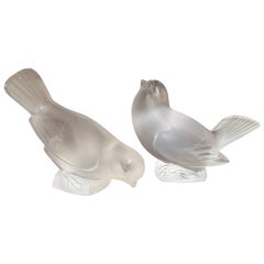 Pair of Mid-Century French Signed Lalique Frosted Crystal Sparrow Sculptures