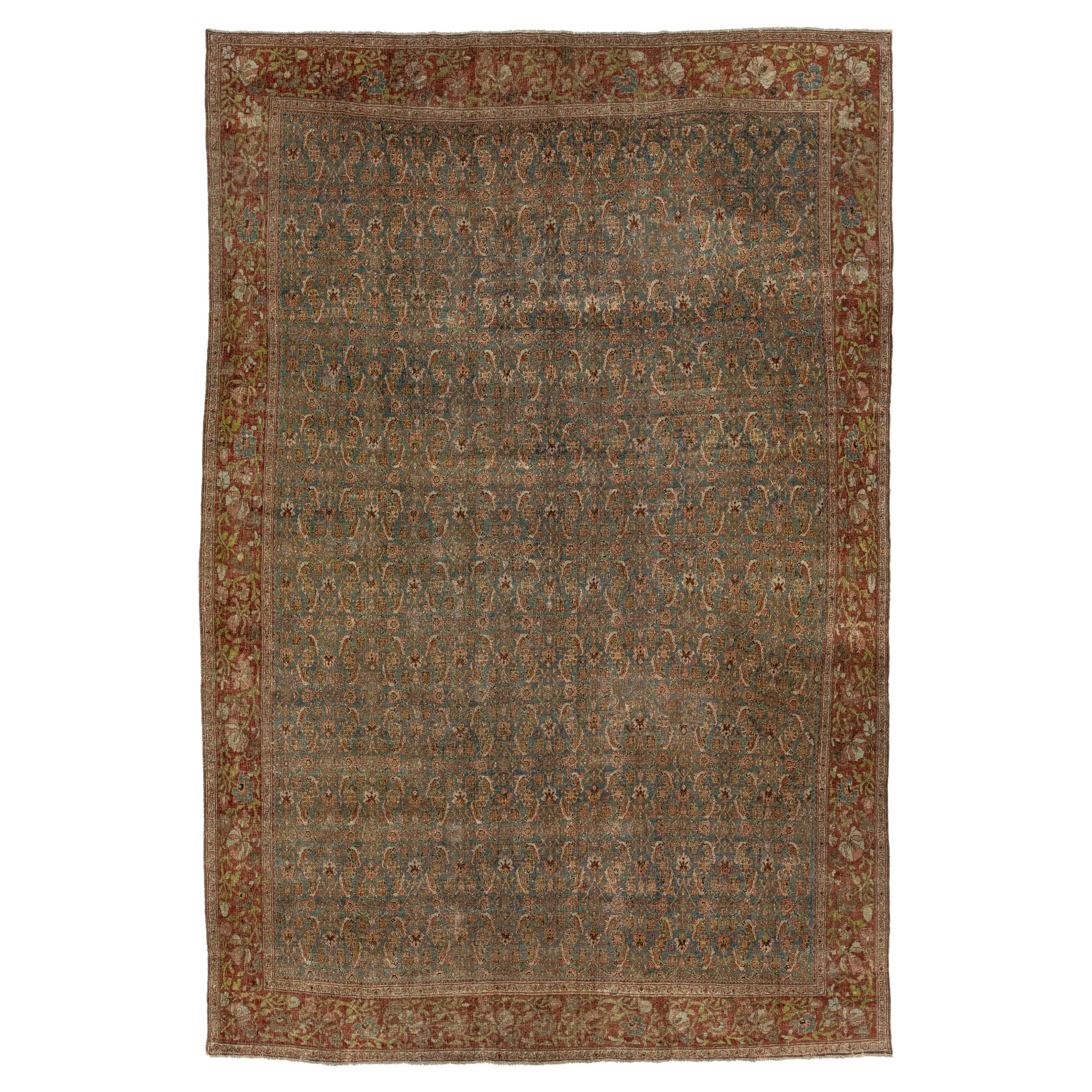 Antique Bidjar Persian Blue Wool Rug Handmade with Allover Pattern