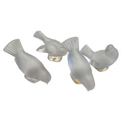 Mid-Century French Signed Lalique Frosted Crystal Sparrow Sculptures, Set of 4