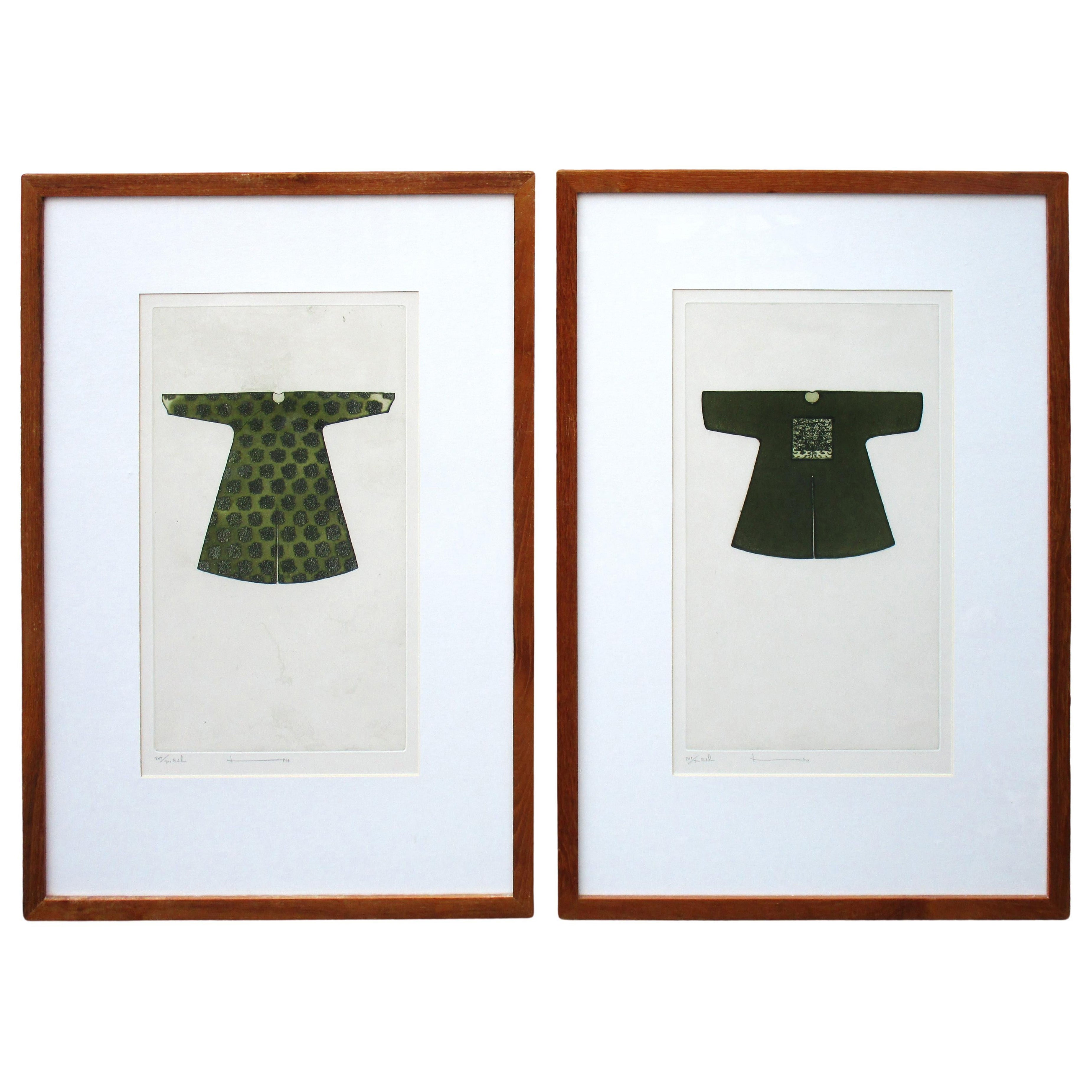 Two Framed Etchings of Traditional Chinese Costumes by Vorakorn Metmanorom