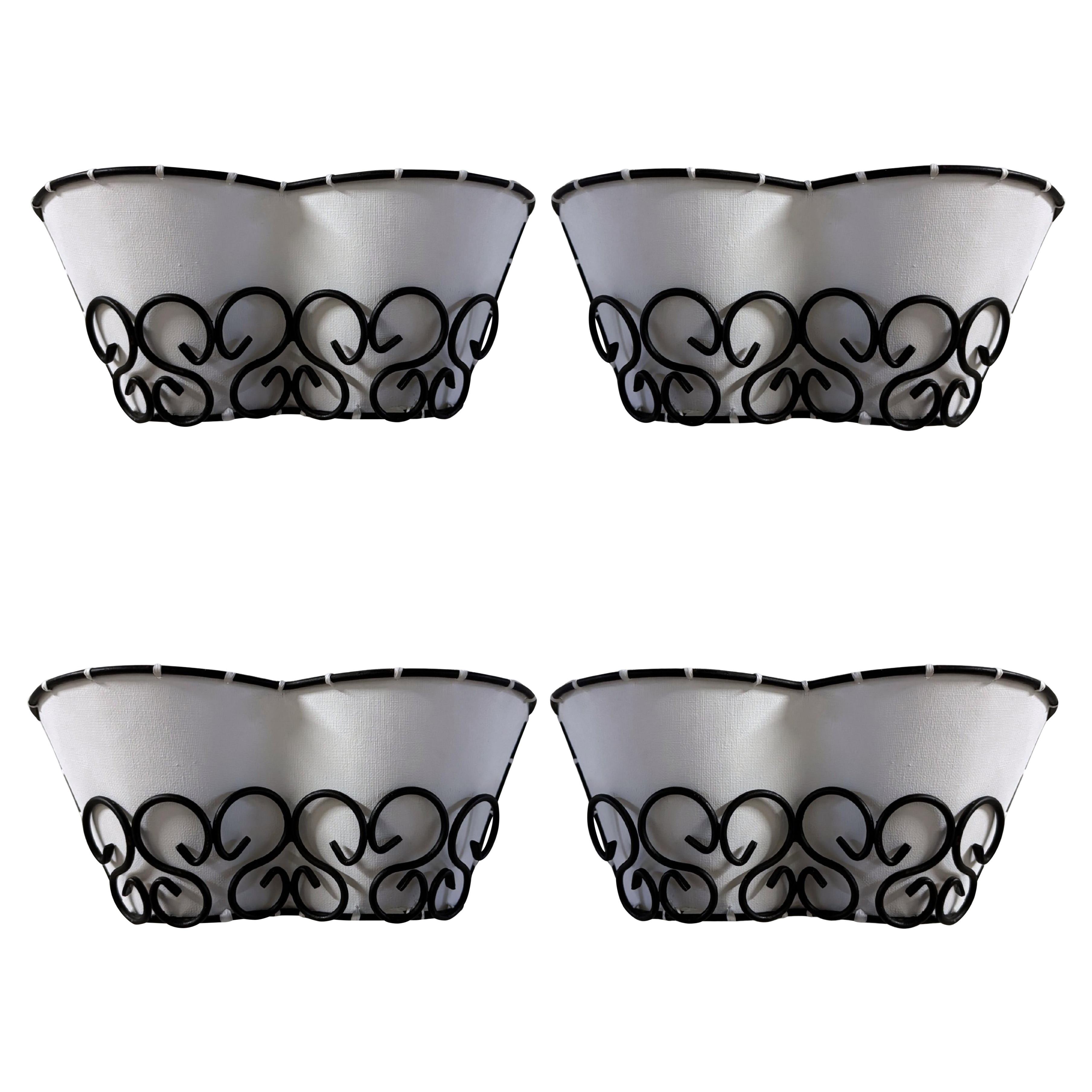 French MidCentury Modern Iron & Canvas Wall Lights, 1960s, France For Sale