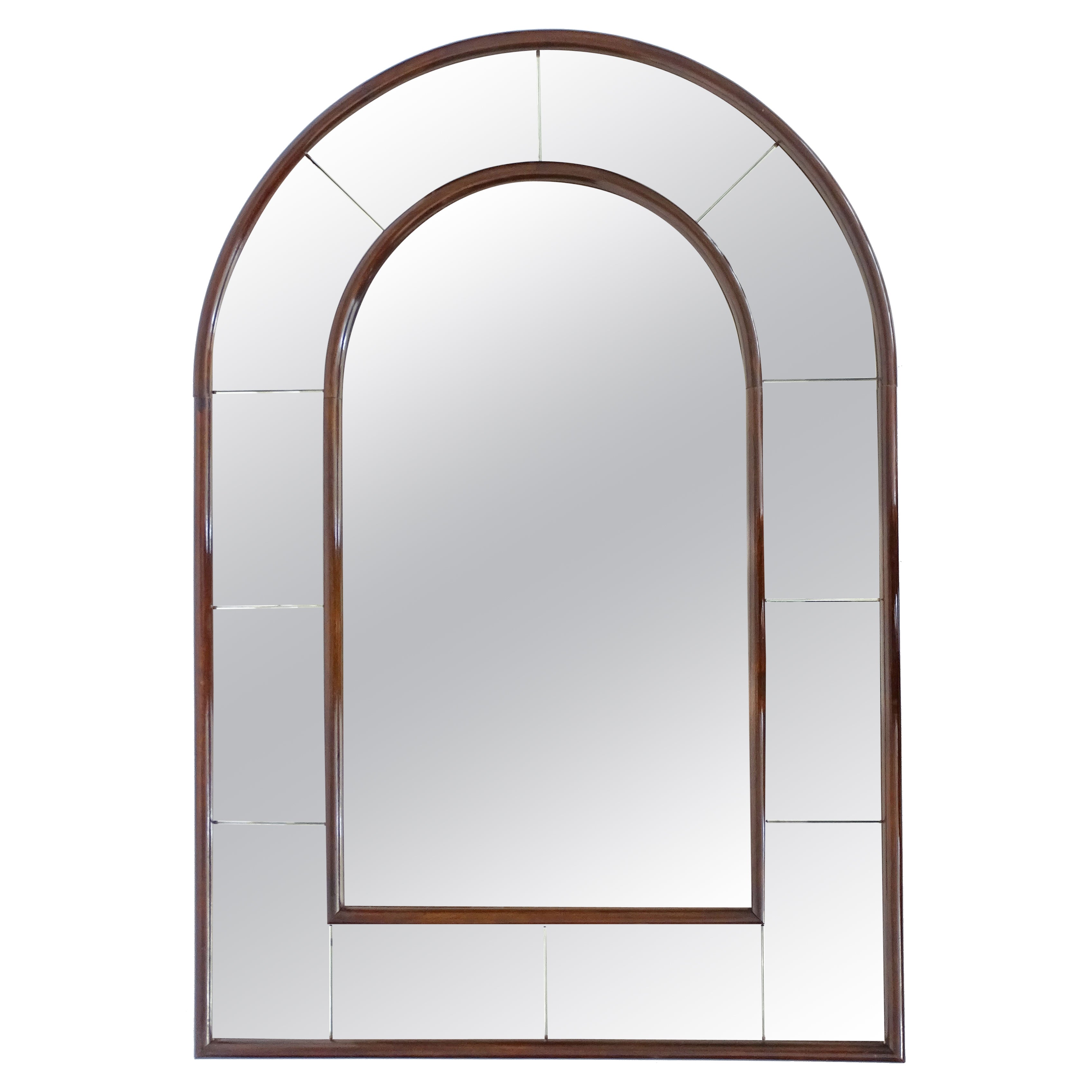 Gran Espejo de Pared Art Deco Clásico Italiano de Arco Redondo con Marco de Madera, Años 30
