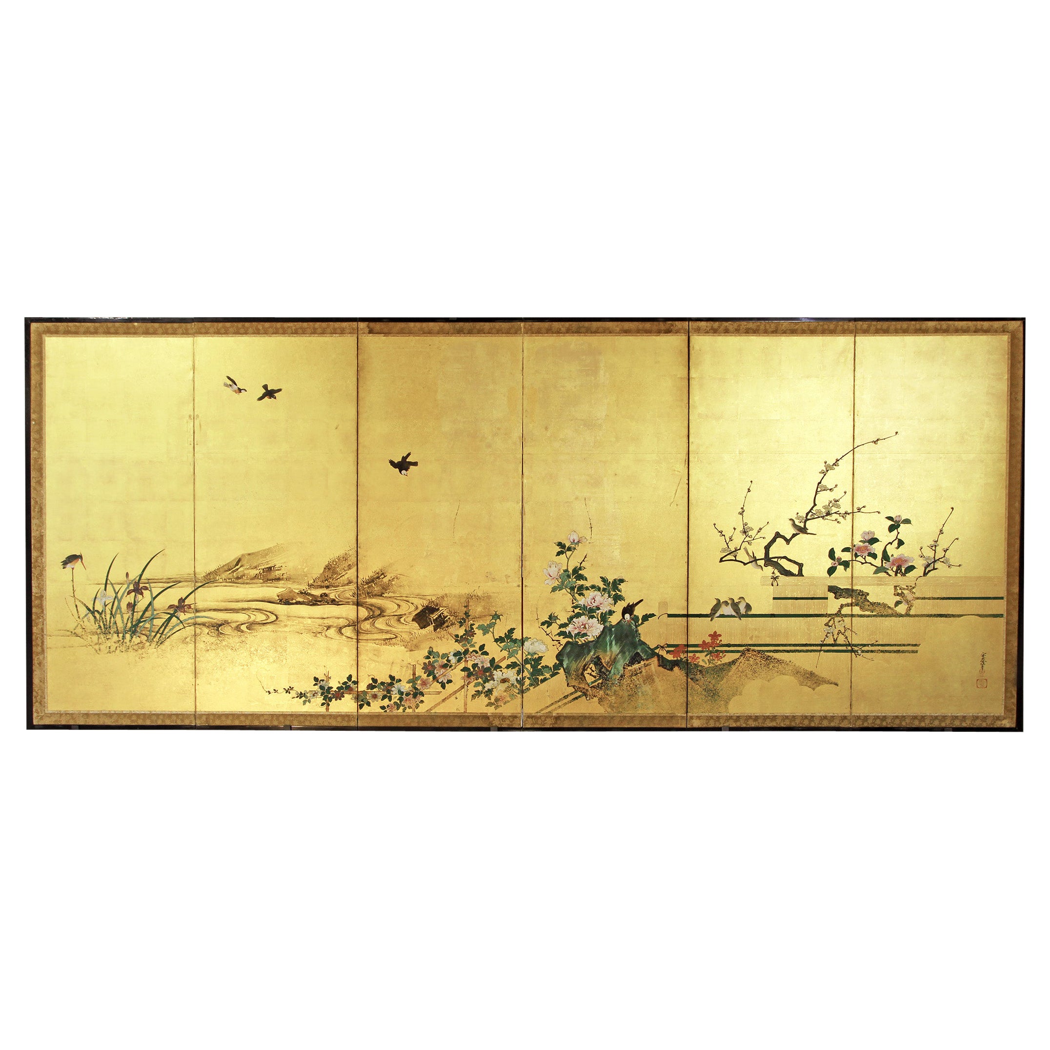 Peinture de paysage japonaise sur six panneaux en feuille d'or