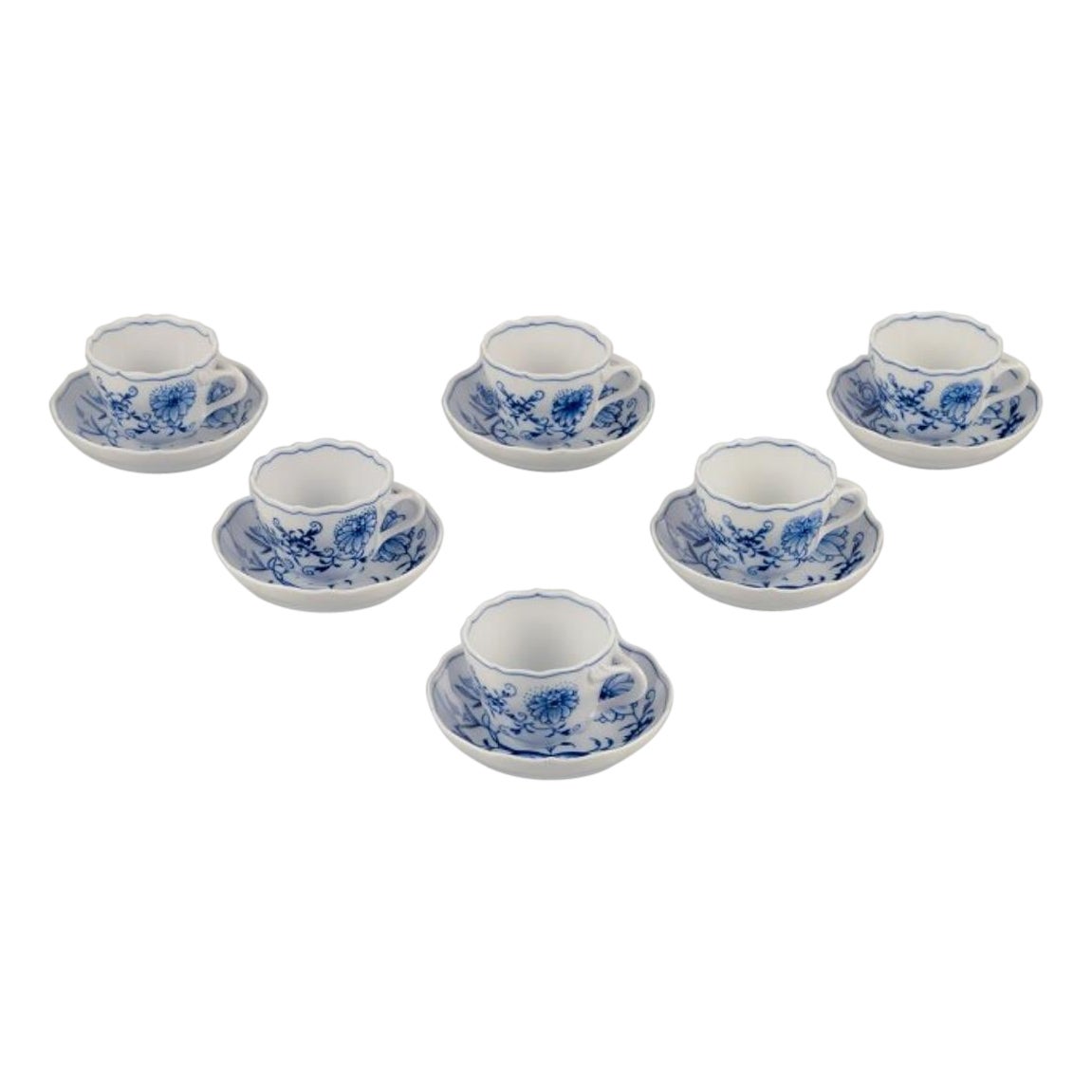 Meissen, Germany. Set of six Blue Onion demitasse cups with saucers.