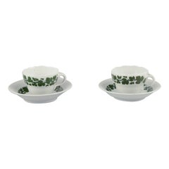 Meissen, Germany, Green Ivy Vine, two large porcelain coffee cups with saucers.