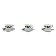 Meissen, Germany, Green Ivy Vine, three coffee cups with matching saucers.