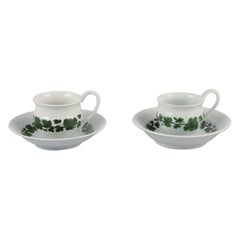 Meissen, Germany, Green Ivy Vine, two coffee cups with high handles and saucers.