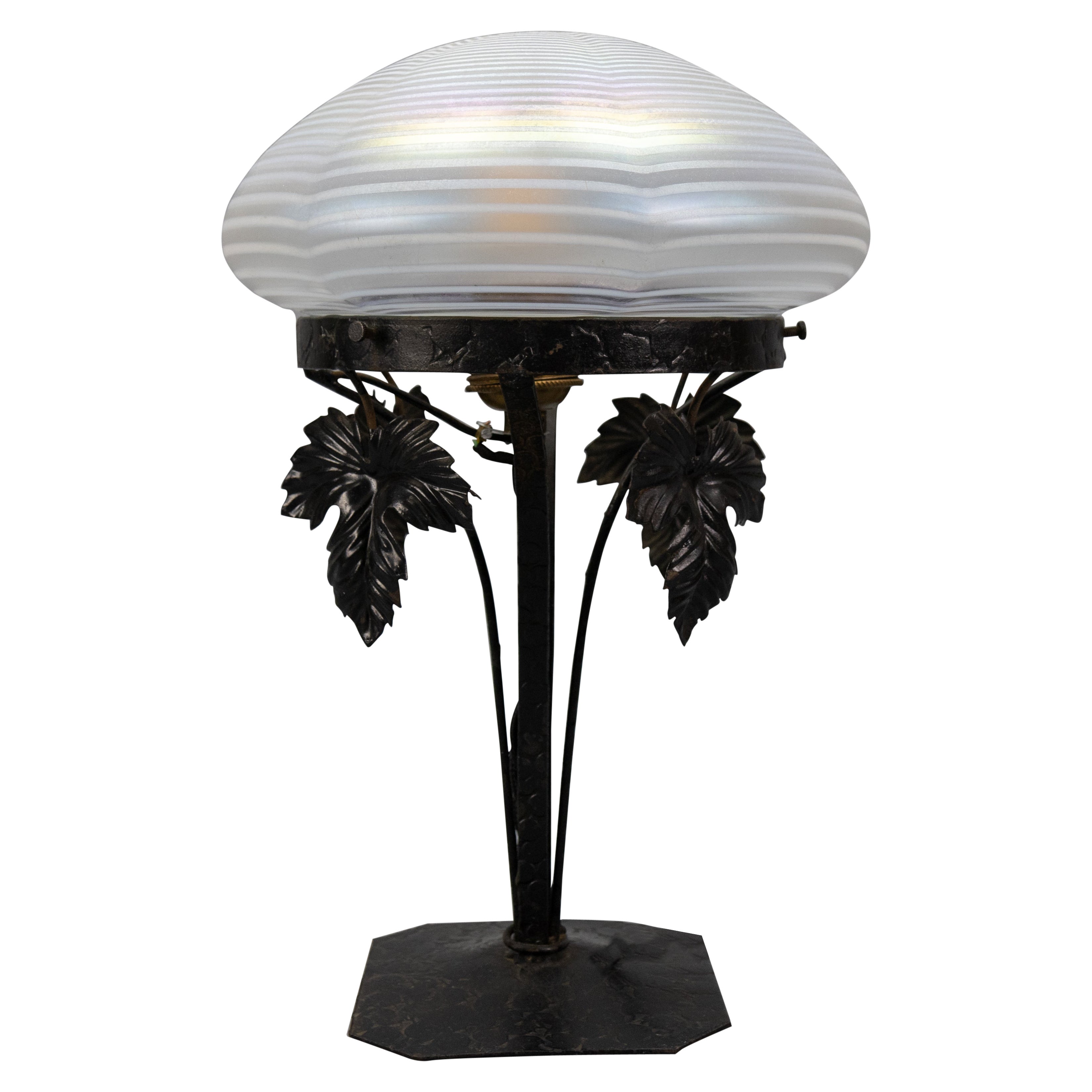 French Art Nouveau White Iridescent Glass and Wrought Iron Table Lamp, 1920s