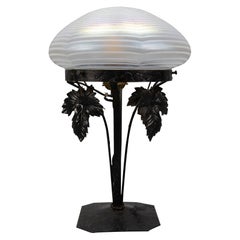 French Art Nouveau White Iridescent Glass and Wrought Iron Table Lamp, 1920s