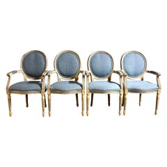 Four Louis XVI Style Dining Chairs Washed Finish with Blue Linen Upholstery