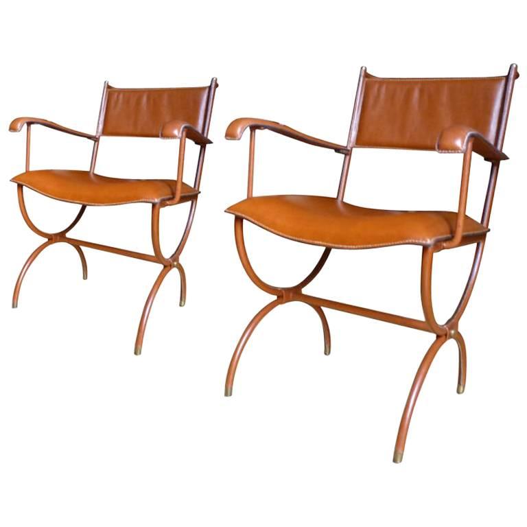 Jacques Adnet Pair of Armchairs in Hand-Stitched Brown Leather For Sale