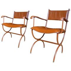 Jacques Adnet Pair of Armchairs in Hand-Stitched Brown Leather
