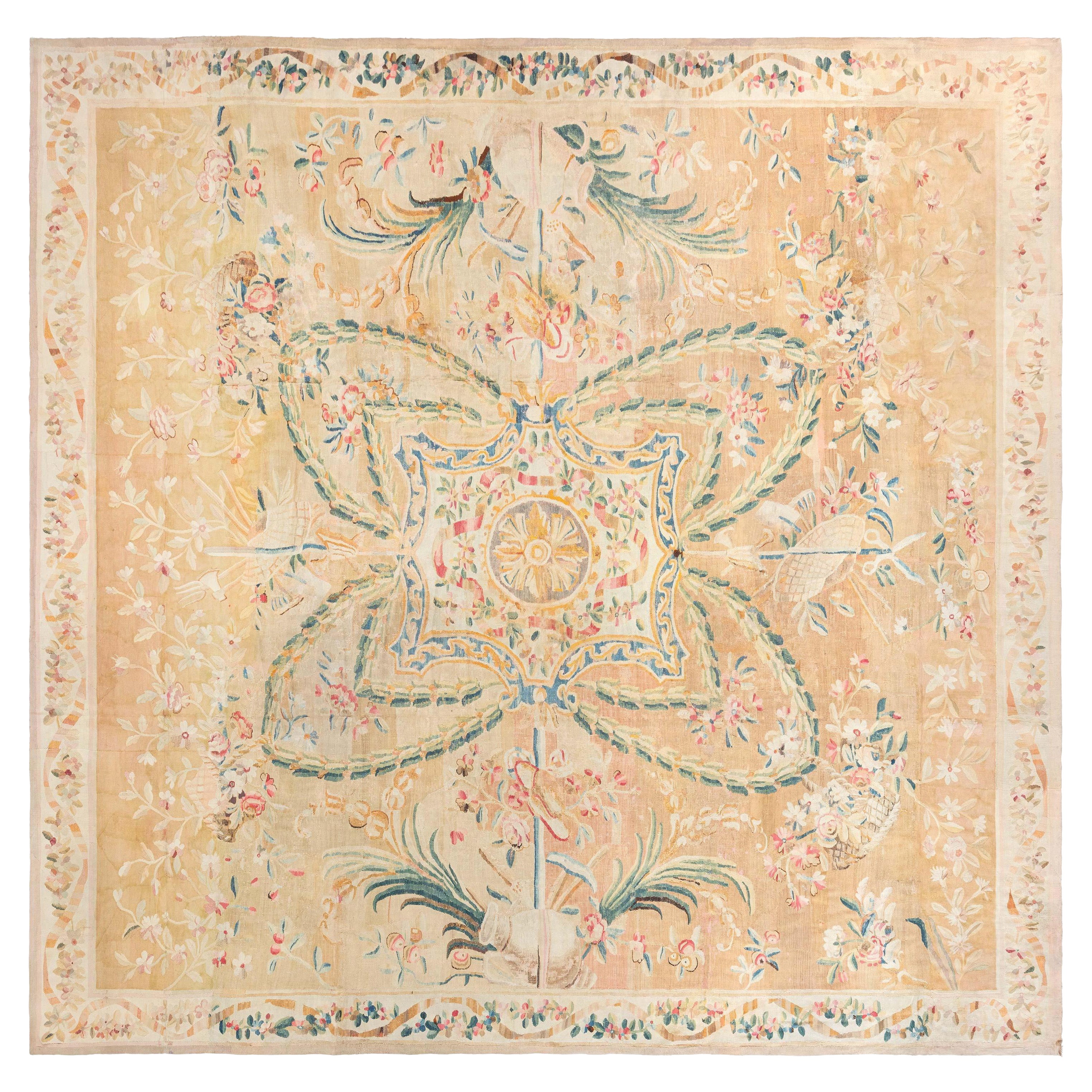 Doris Leslie Blau Oversized Antique French Aubusson Yellow Wool Rug For Sale