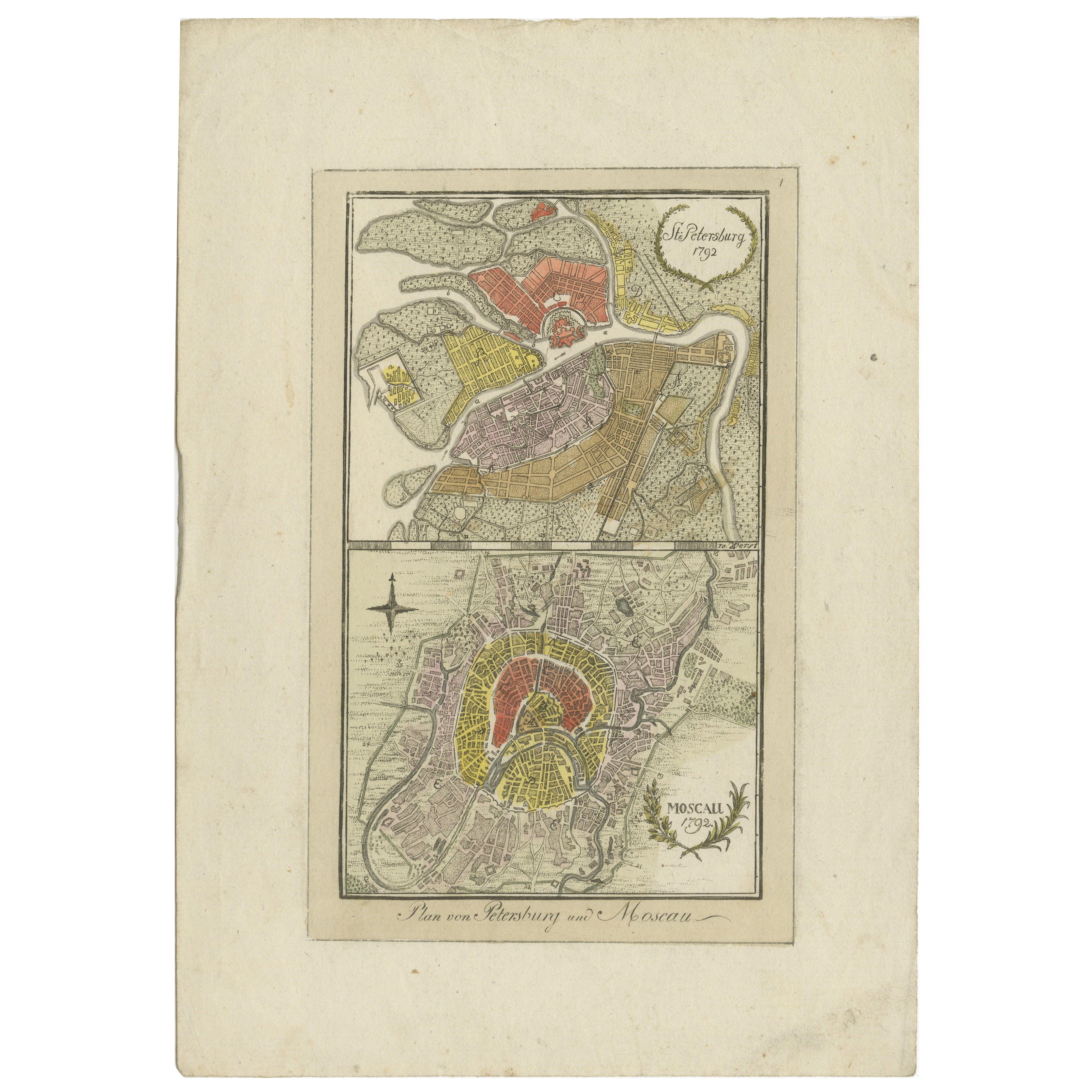1792 Hand-Colored Plan of St. Petersburg and Moscow in Russia