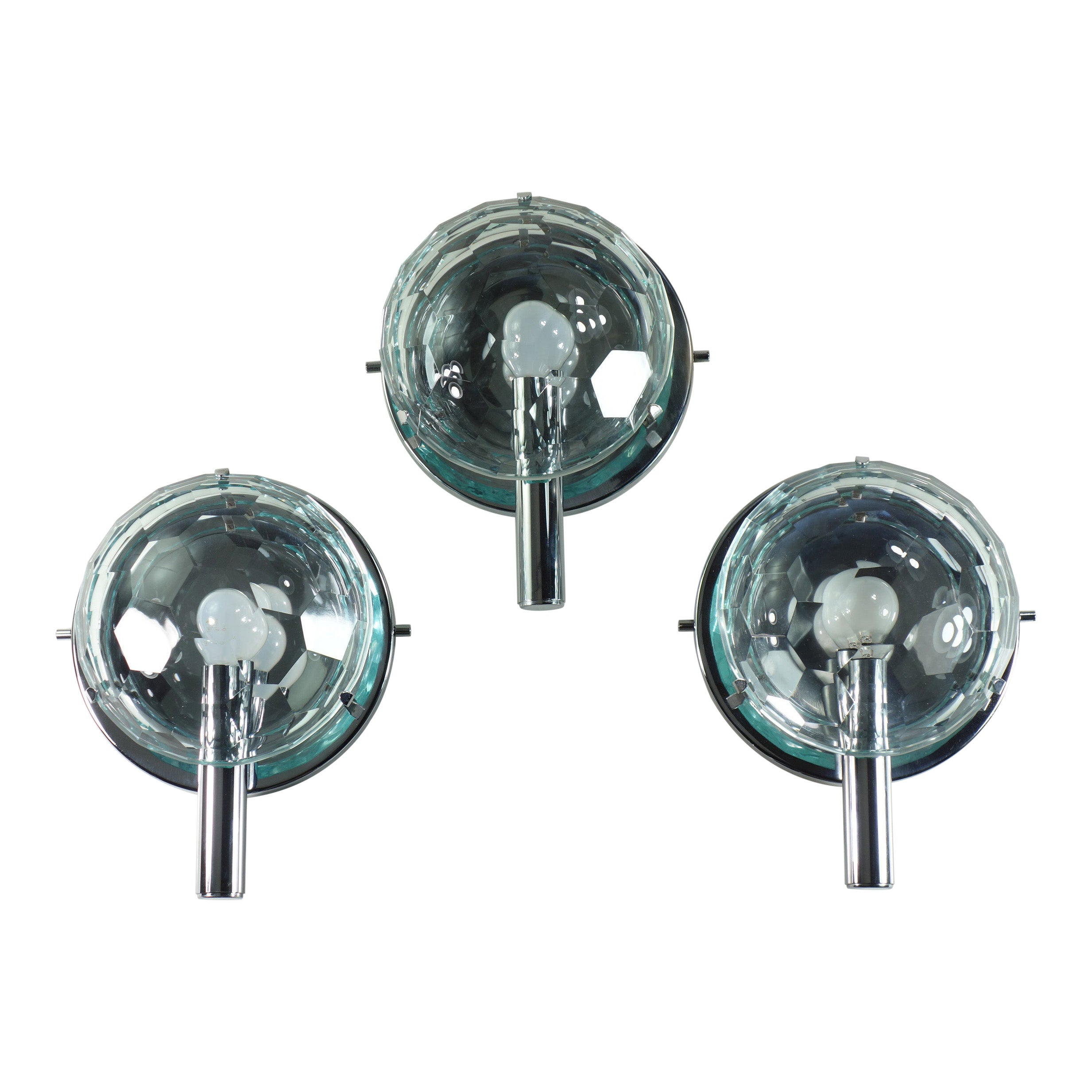 1960 Lumi Italian Space Age Design Crystal Facetted Chrome Wall Lamps For Sale