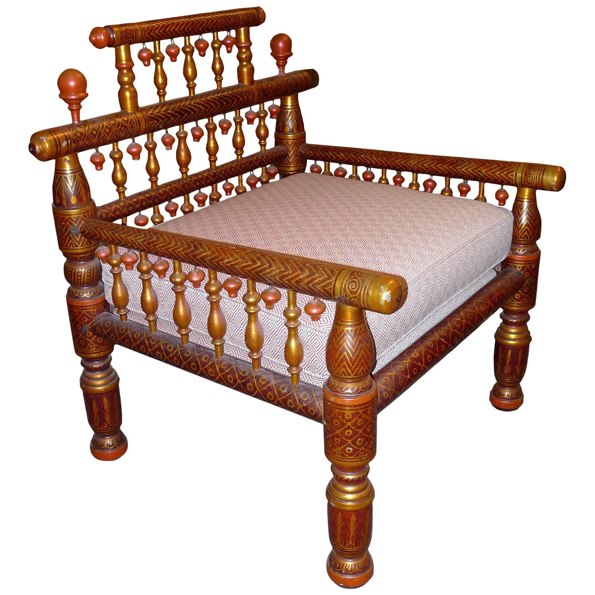 Indian Sankheda Painted Armchair Newly Upholstered