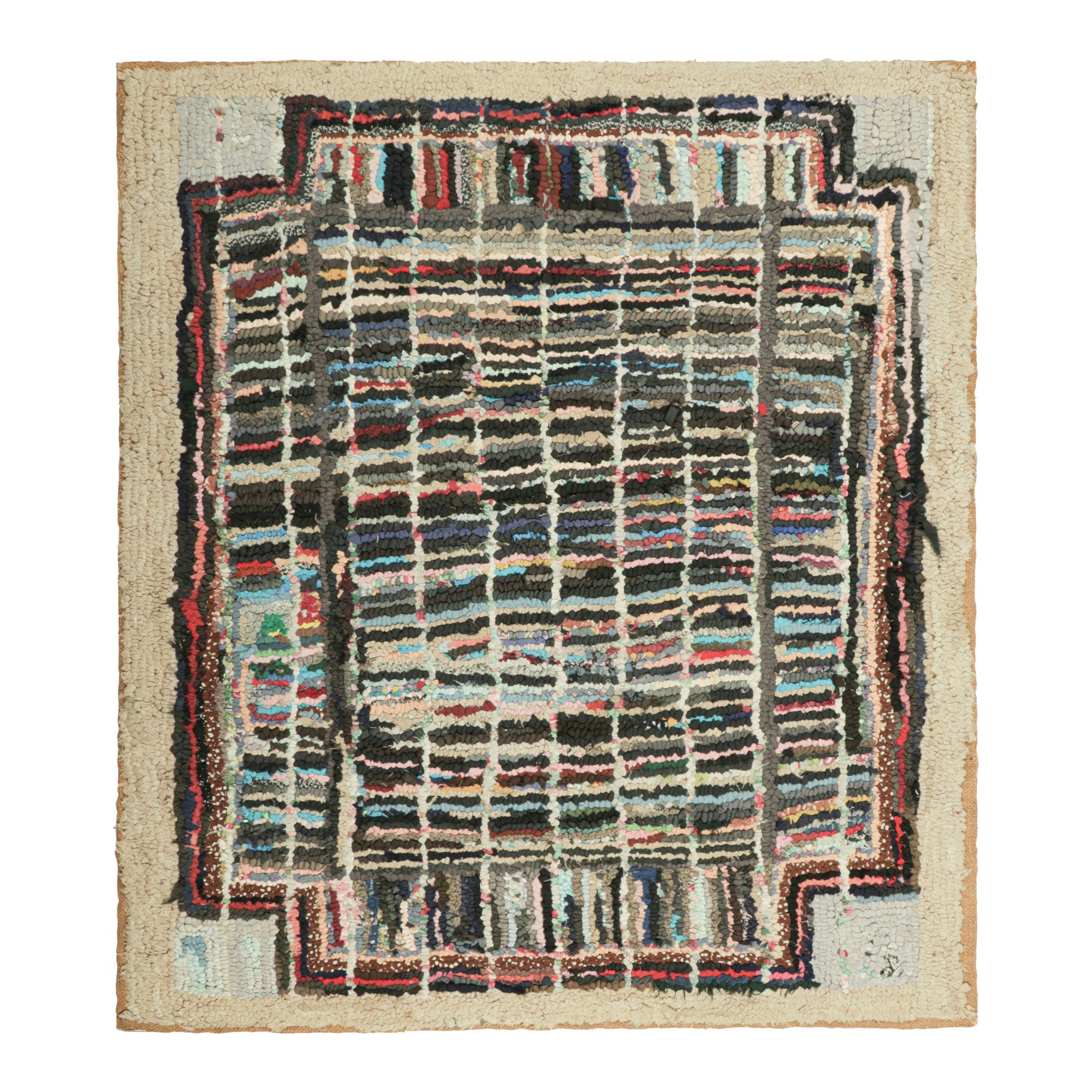 Antique Hooked Square Rug with Polychromatic Geometric Patterns  Rug & Kilim